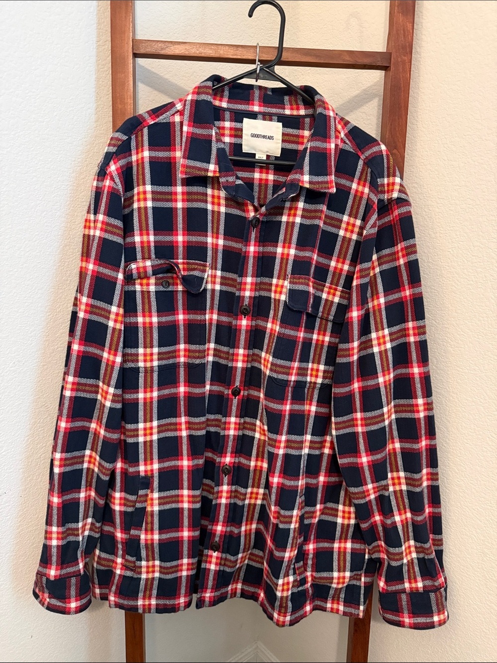 Goodthreads Red, Navy & White Plaid Button-Down Shirt Jacket XXL TALL